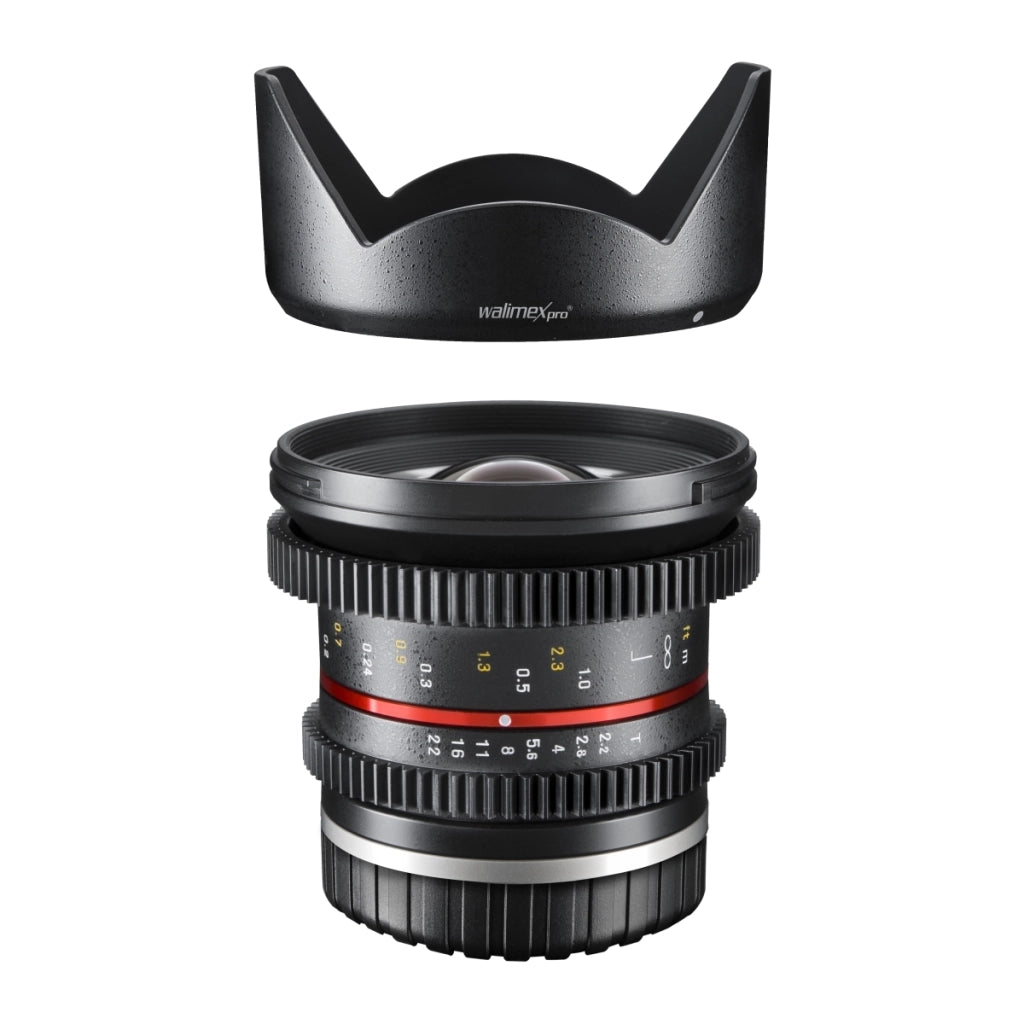 Walimex Pro obiettivo grandangolare 12 mm 1:2.2 VCSC per baionetta compatibile con Sony con attacco E (lenti MC/rivestimento nano, ghiera di ingranaggi, apertura/focus continuo, paraluce rimovibile)