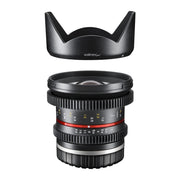 Walimex Pro obiettivo grandangolare 12 mm 1:2.2 VCSC per baionetta compatibile con Sony con attacco E (lenti MC/rivestimento nano, ghiera di ingranaggi, apertura/focus continuo, paraluce rimovibile)