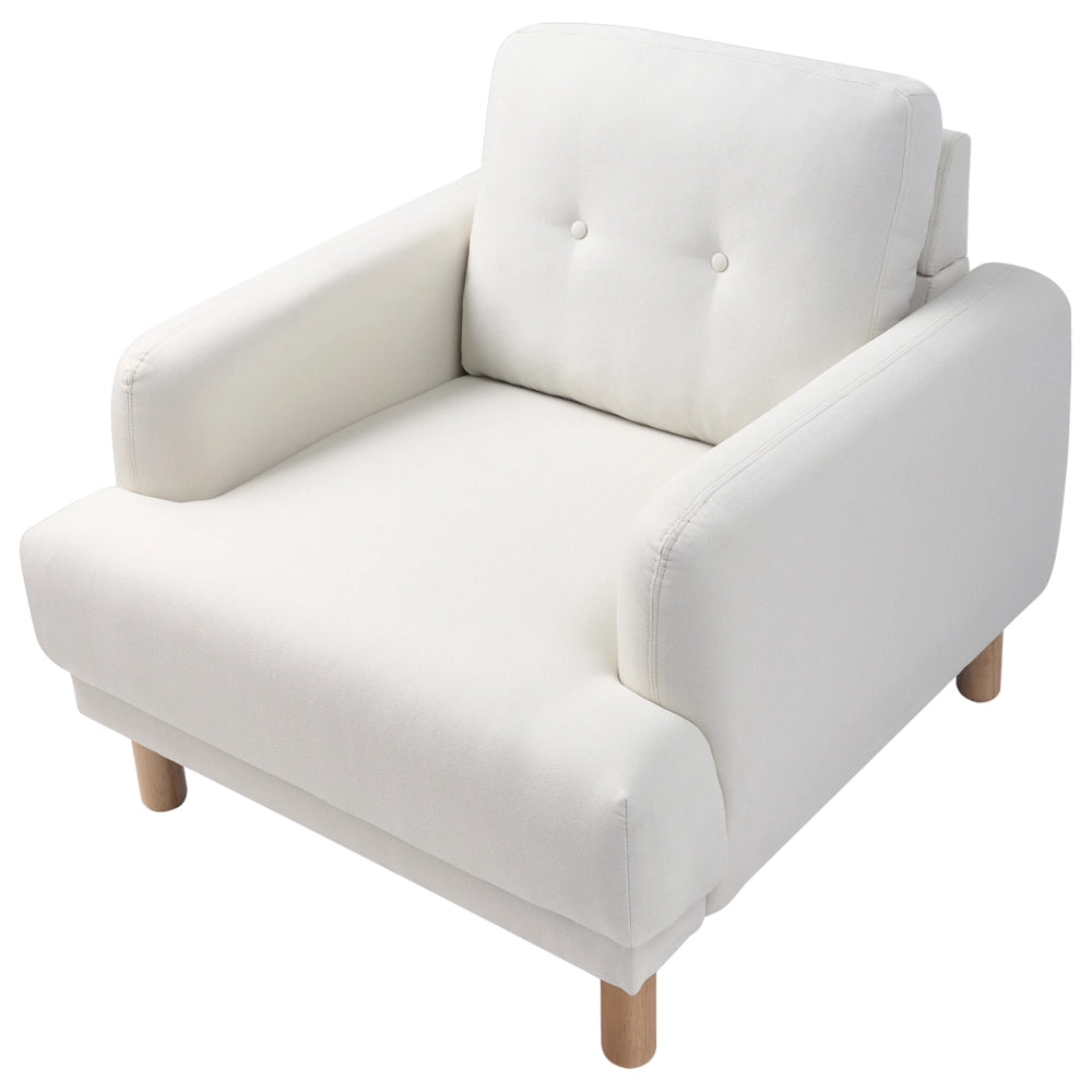 Poltrona retrò con rivestimento in poliestere gambe in legno spessa seduta in tessuto bianco sporco soggiorno moderno e minimalista