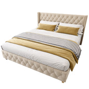 Letto Imbottito 180×200 cm; Letto Matrimoniale con Testiera e Pediera Trapuntate; senza Materasso; Velluto; Beige Chiaro