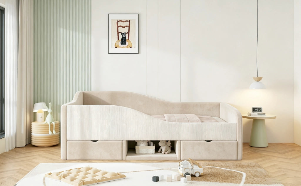 Letto imbottito per bambini 90 x 190 cm con cassetti e sponde; velluto beige