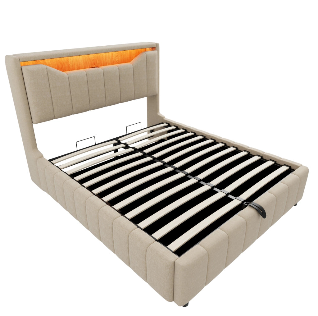 Letto 140x200 cm con contenitore idraulico, LED, USB e USB-C in tessuto beige