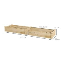 Letto Rialzato per Orto e Giardino con Divisorio Interno e Fondo Aperto, 237x60x25cm, Legno Naturale