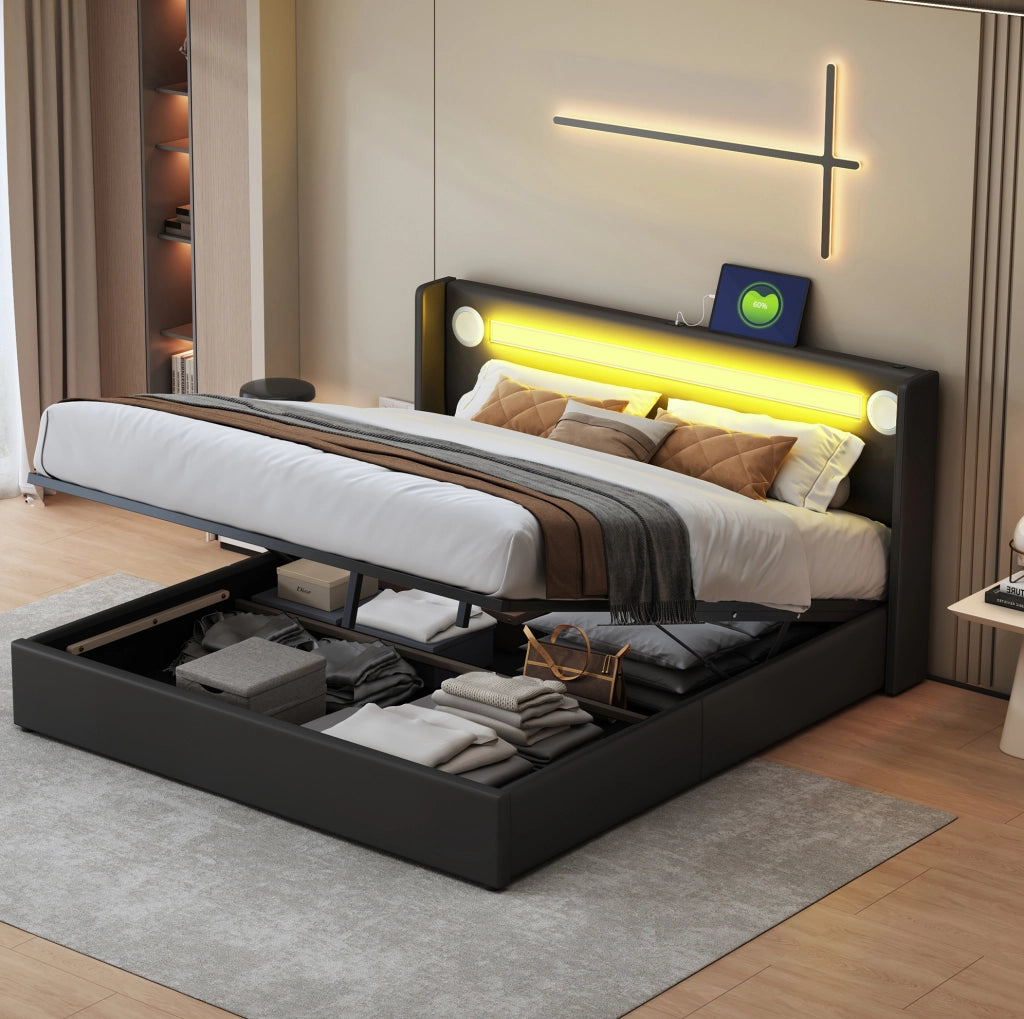 Letto imbottito 160x200 cm in PU nero con LED, Bluetooth, USB e vano contenitore