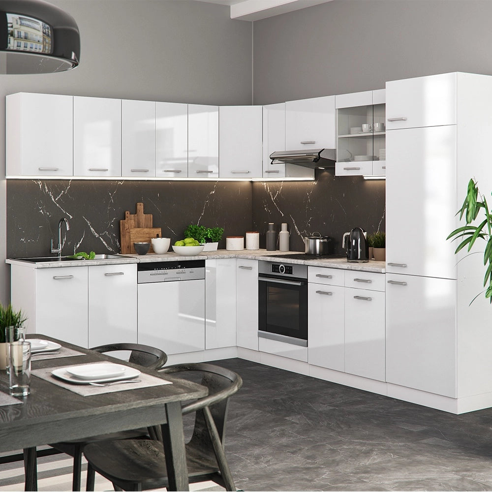 Cucina angolare completa R-Line Bianco lucido/Bianco 287 x 227 cm, PL Marmo Vicco