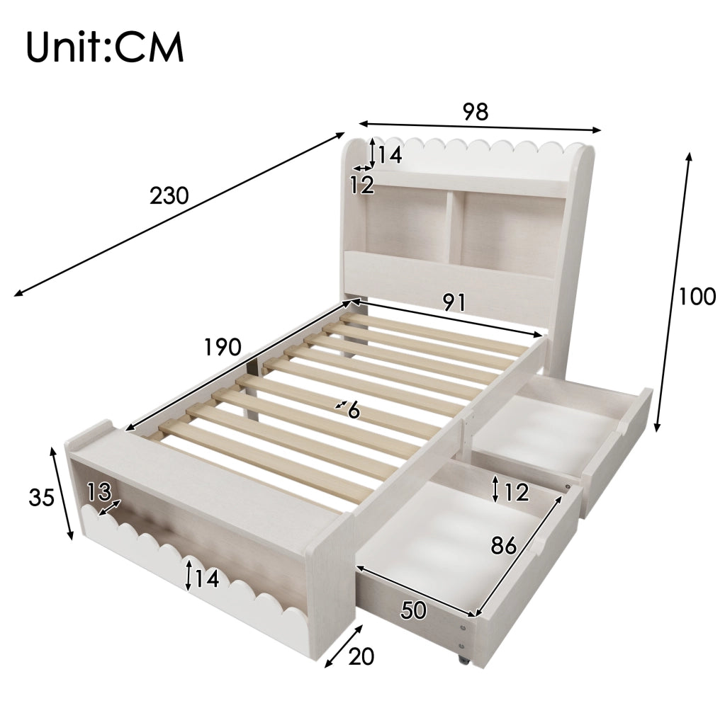 Letto per bambini 90x190 cm con 2 cassetti e ripiani; legno massello e MDF bianco e rovere chiaro