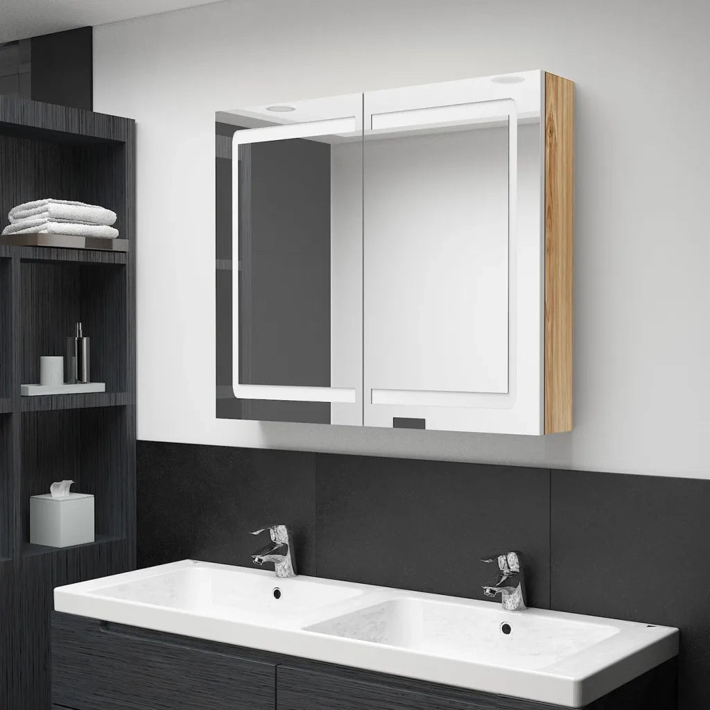 Armadietto Bagno con Specchio e LED Bianco e Rovere 80x12x68 cm cod mxl 69081