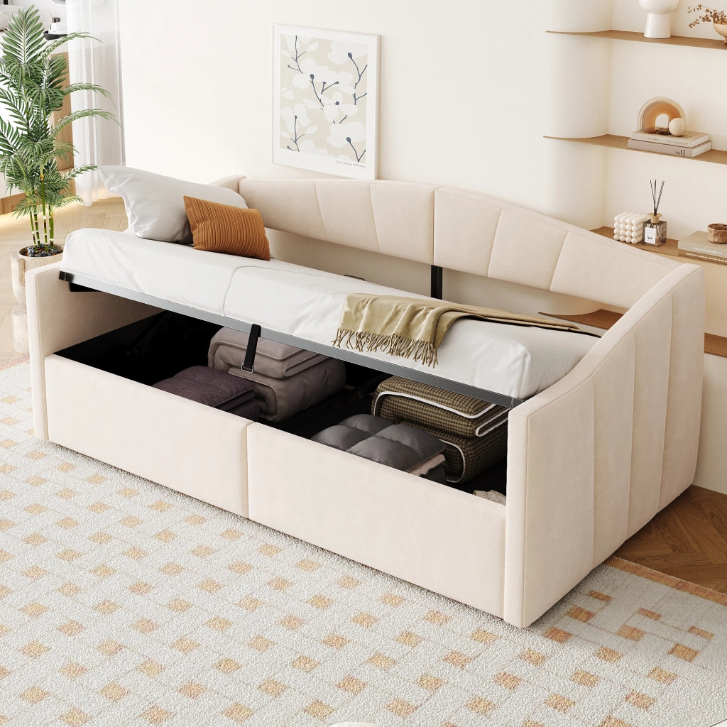OKWISH Letto Banquette Singolo con Contenitore, con Sollevamento Idraulico, Schienale e Braccioli, 200×90 cm, senza Materasso, in Velluto, Beige