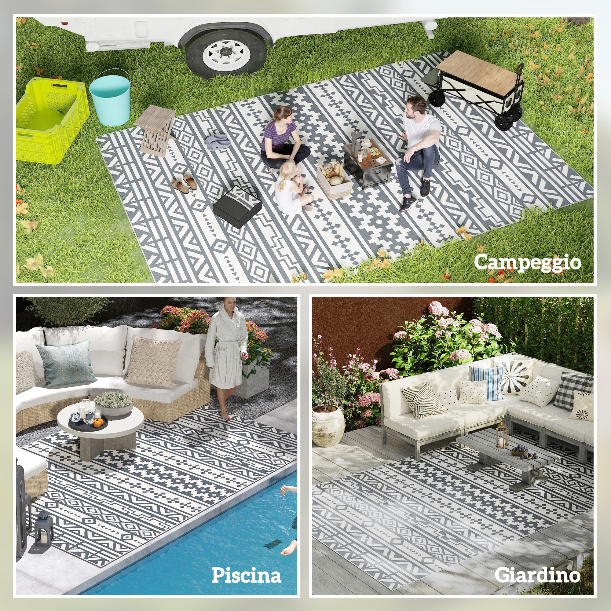 Tappeto da Esterno Reversibile 182x274 cm con Motivo Geometrico e Borsa Inclusa Grigio e Bianco