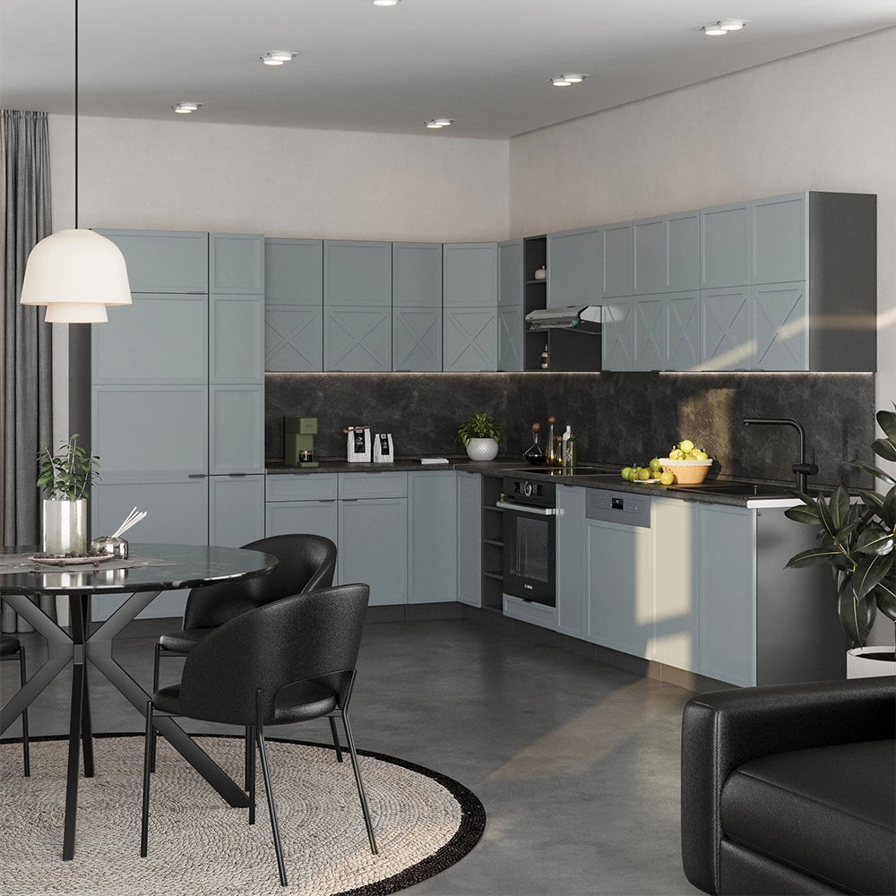 Cucina angolare completa Fame-Line Blu-grigio chiaro/Antracite 347 x 60 cm, PT Antracite Vicco