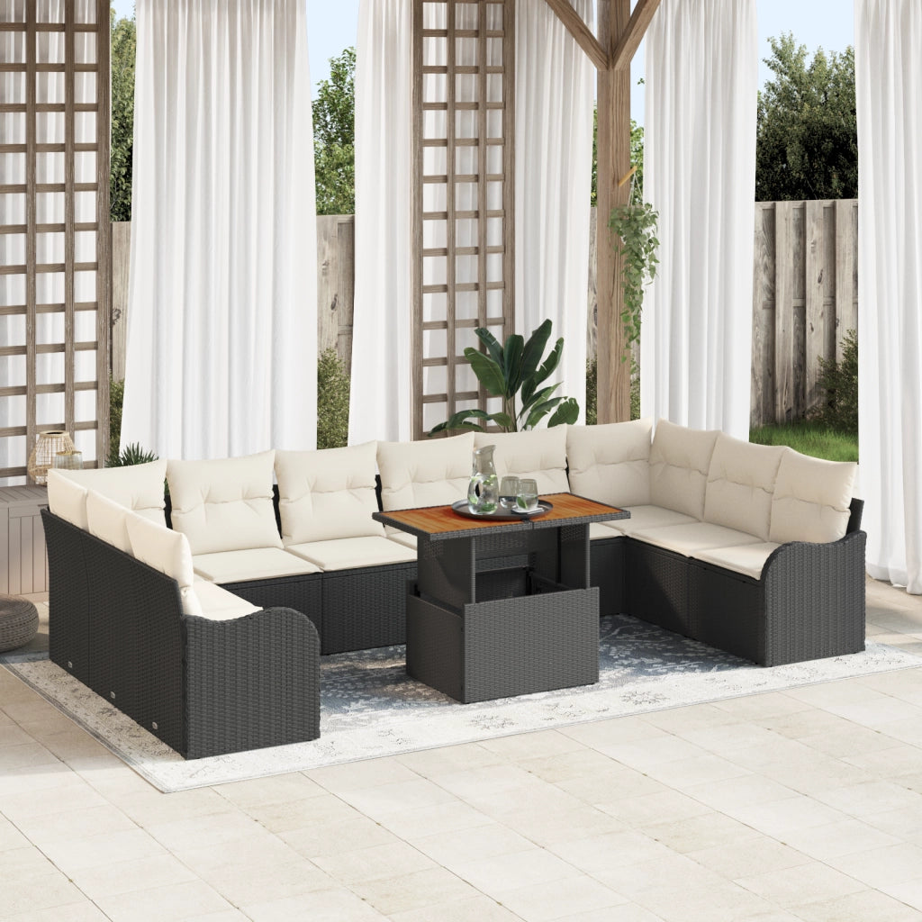 Set Divano da Giardino 11 Pezzi con Cuscini Nero in Poly Rattan