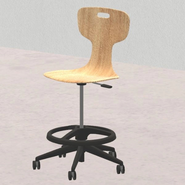 sgabello GIGLIO Wood finitura legno H da 58 a 83,2cm, scocca legno, struttura nera con ruote e poggiapiedi SD.FLEXW.5rH.N.L