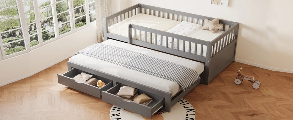 DESMIU Lit divano 90 × 200 cm 1 posto con letto estraibile, 2 cassetti, barriera di sicurezza, senza materasso, grigio