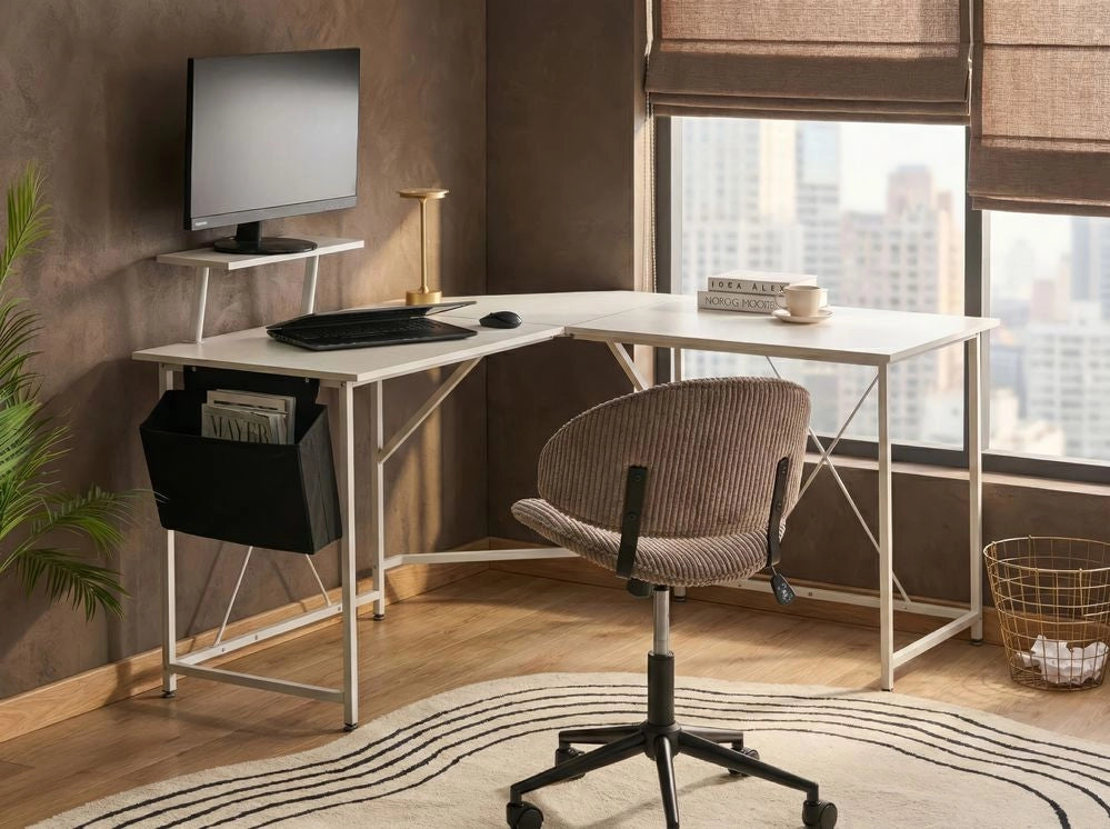 Scrivania angolare Piano in MDF bianco Gambe e struttura in ferro verniciato a polvere Tasca laterale aggiuntiva Ampia postazione di lavoro Moderna
