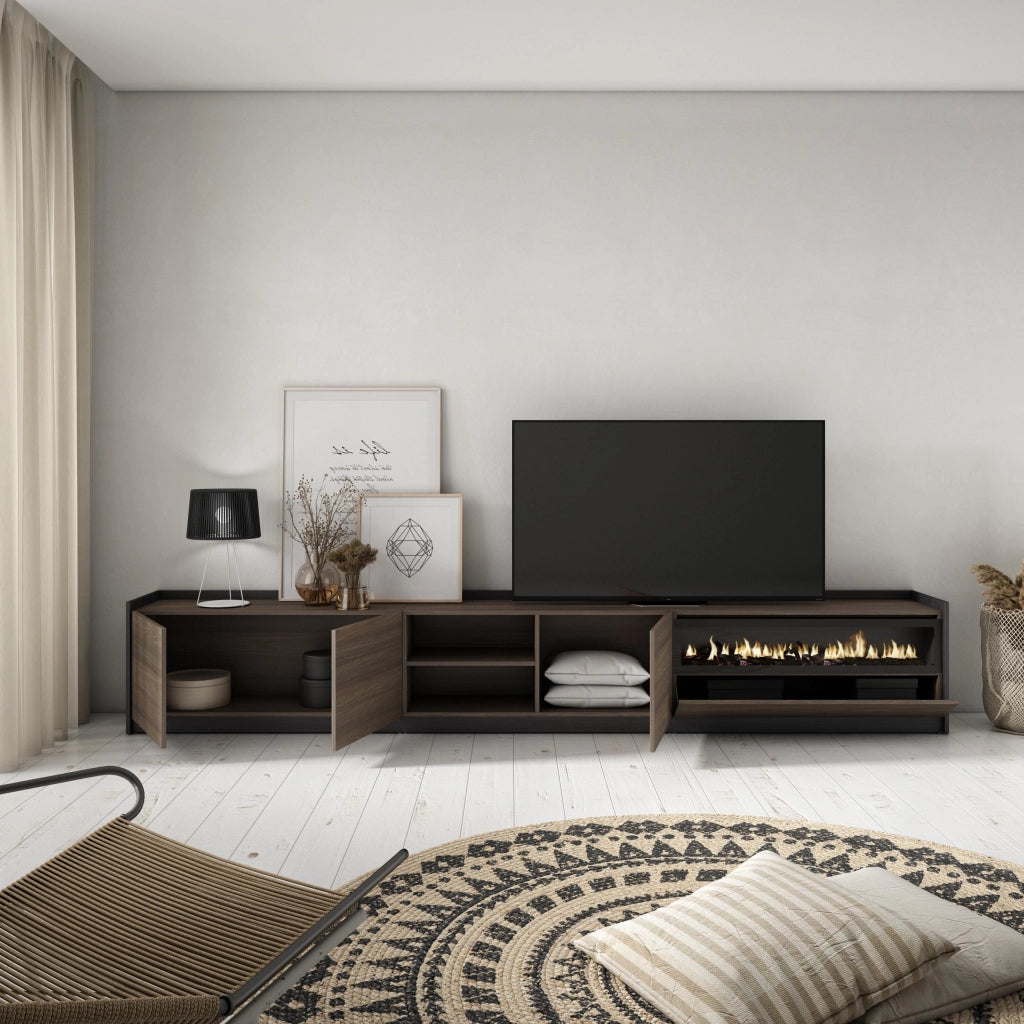 Mobile TV Soggiorno, 310x50x37 cm, Per TV fino a 80", Camino elettrico, Rovere scuro e Nero