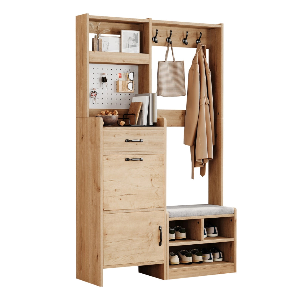 Mobile guardaroba multifunzione da ingresso con panca, 4 ganci, cassetto e 2 ante, Natural/White, 108,5 x 35 x 180 cm