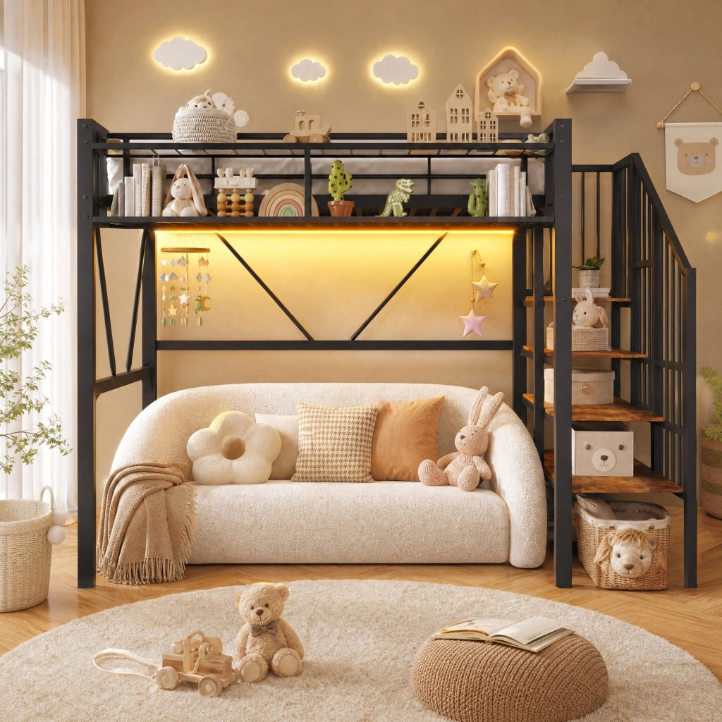 Letto a soppalco singolo 90×200 cm con ripiani a gradini; LED e vano aperto; senza materasso; metallo; nero