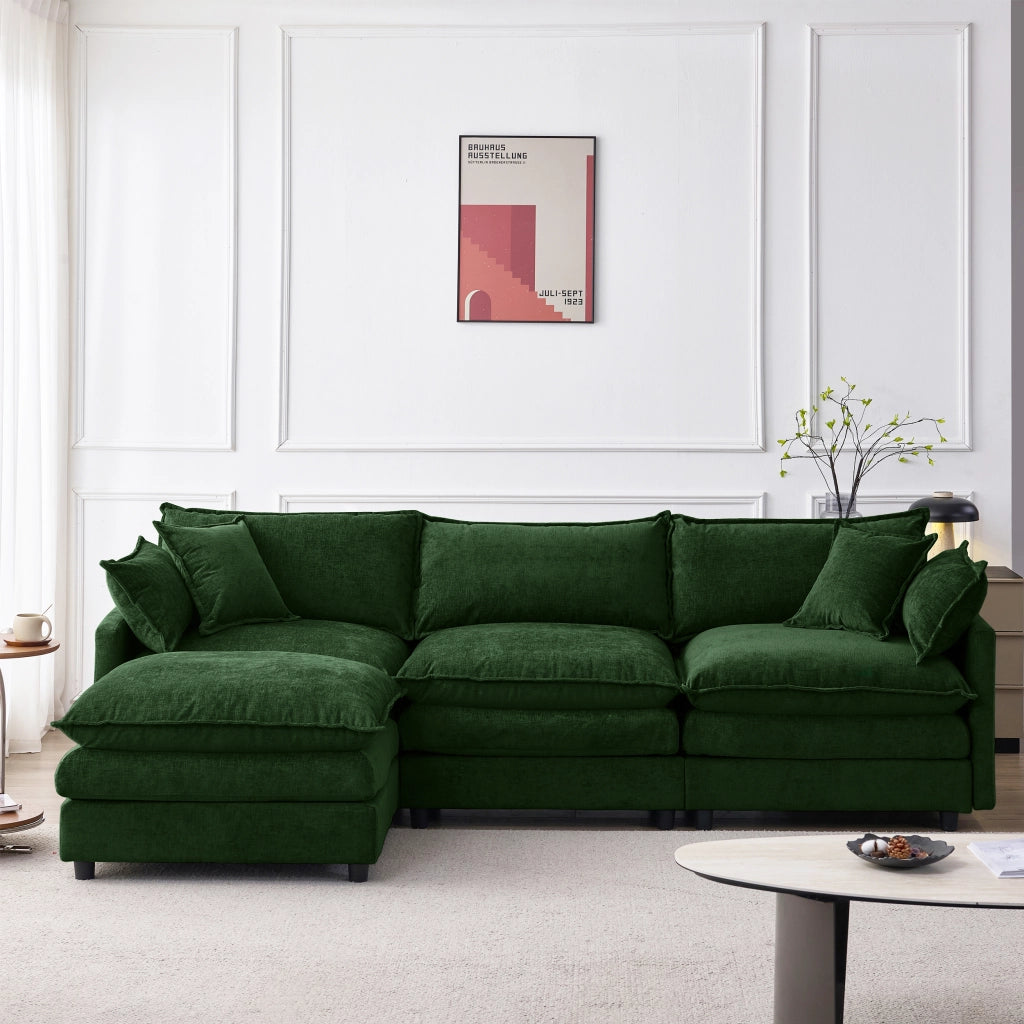 Divano angolare modulare a 3 posti con chaise longue e pouf in chenille verde