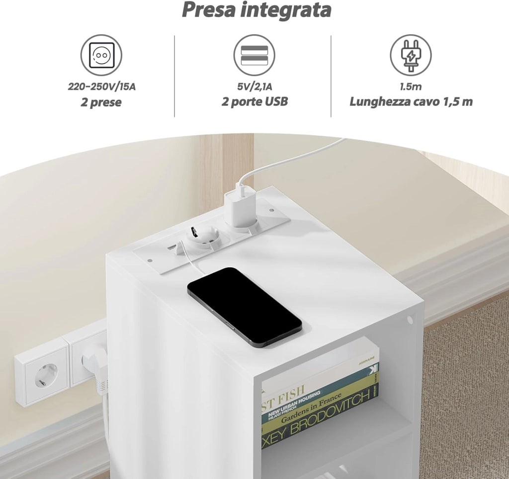 2 pezzi Comodino con Prese e Porte USB, Comodino per Camera da Letto Stretto, Comodino Salvaspazio con 2 Scomparti Aperti, per Soggiorno, Cameretta, in Legno, 25x30x60cm, NTS06ws