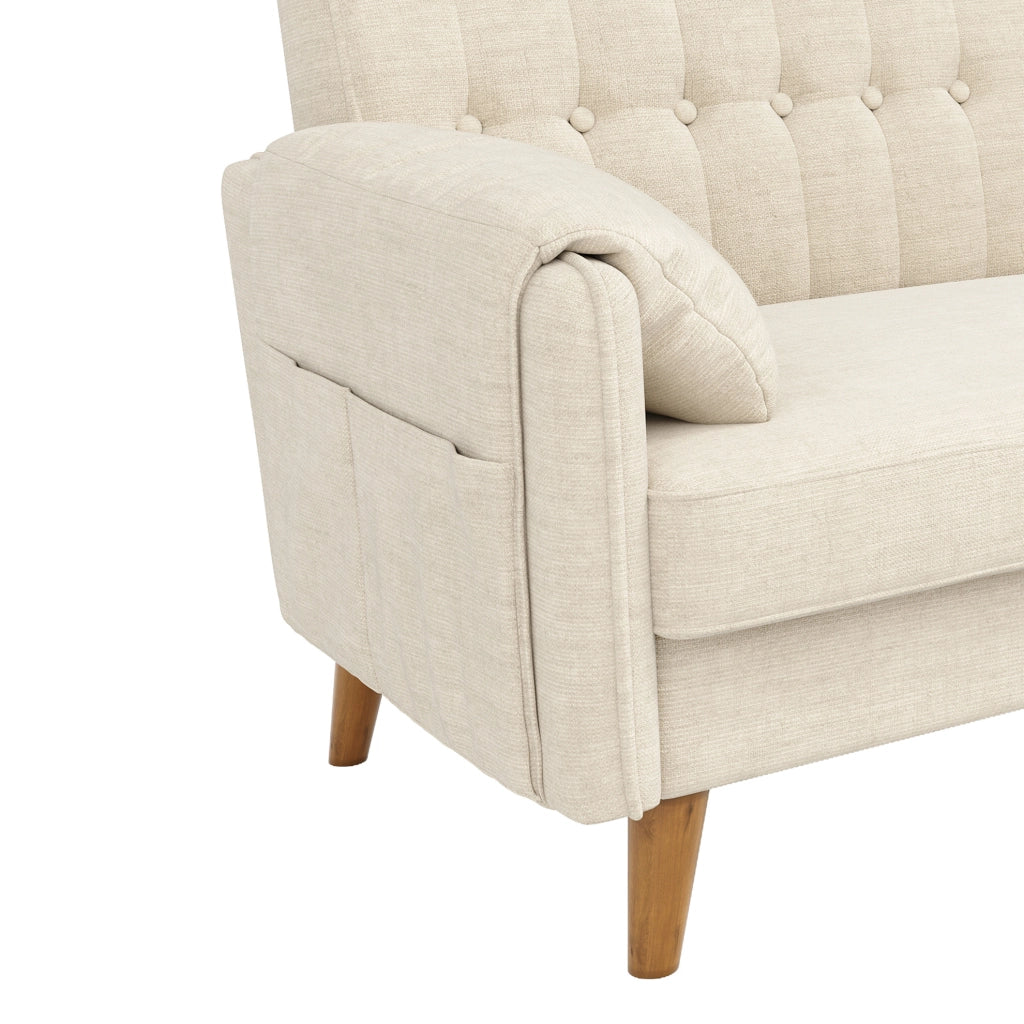 Divano 2 posti in ciniglia beige con tasche laterali e cuscini removibili HOMVRA