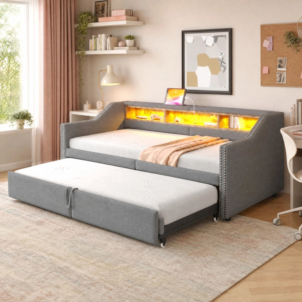 Divano letto imbottito estraibile 90/180 x 200 cm con LED; USB e contenitore; grigio chiaro