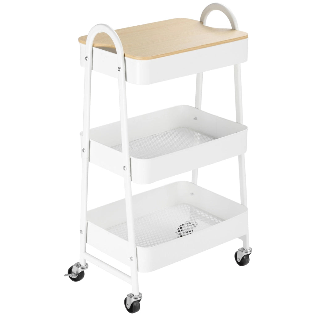Carrello da cucina con 3 ripiani e cestino ¨C Zephmum ¨C Bianco 60x30x90 cm