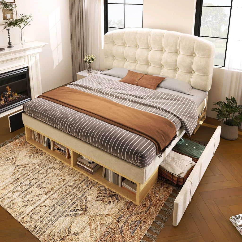 LETTO imbottito 90x200 cm in velluto beige con testiera regolabile e cassetti