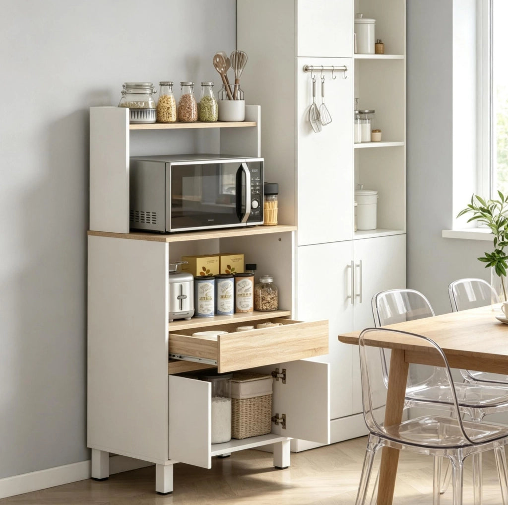 Mobiletto per Microonde con Ripiani e Cassetto, Bianco o Rovere, 60x40x131 cm