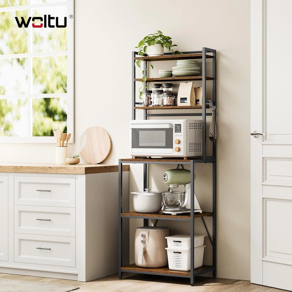 Scaffale da Cucina con 6 Ripiani, Scaffale per Microonde con 6 Ganci, Struttura in Metallo, Legno Ingegnerizzato, 60x40x167cm, Marrone Rustico+Nero