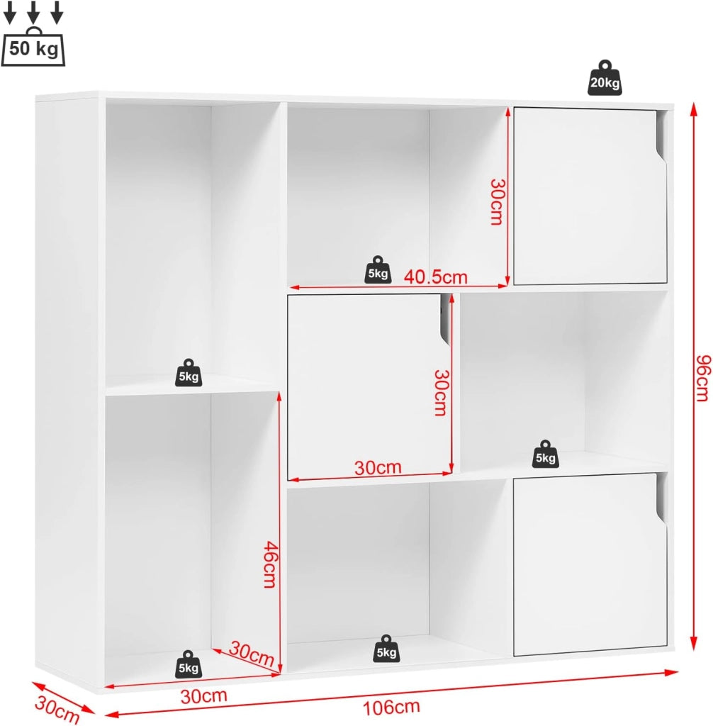 8 Cubo di Stoccaggio, Libreria a 3 Piani con 3 Ante, Scaffale in Piedi Libreria in Legno, Soggiorno Credenza Espositore Cubo Scaffale, per Camera da Letto, Corridoio, Ufficio, Bianco, SK056ws