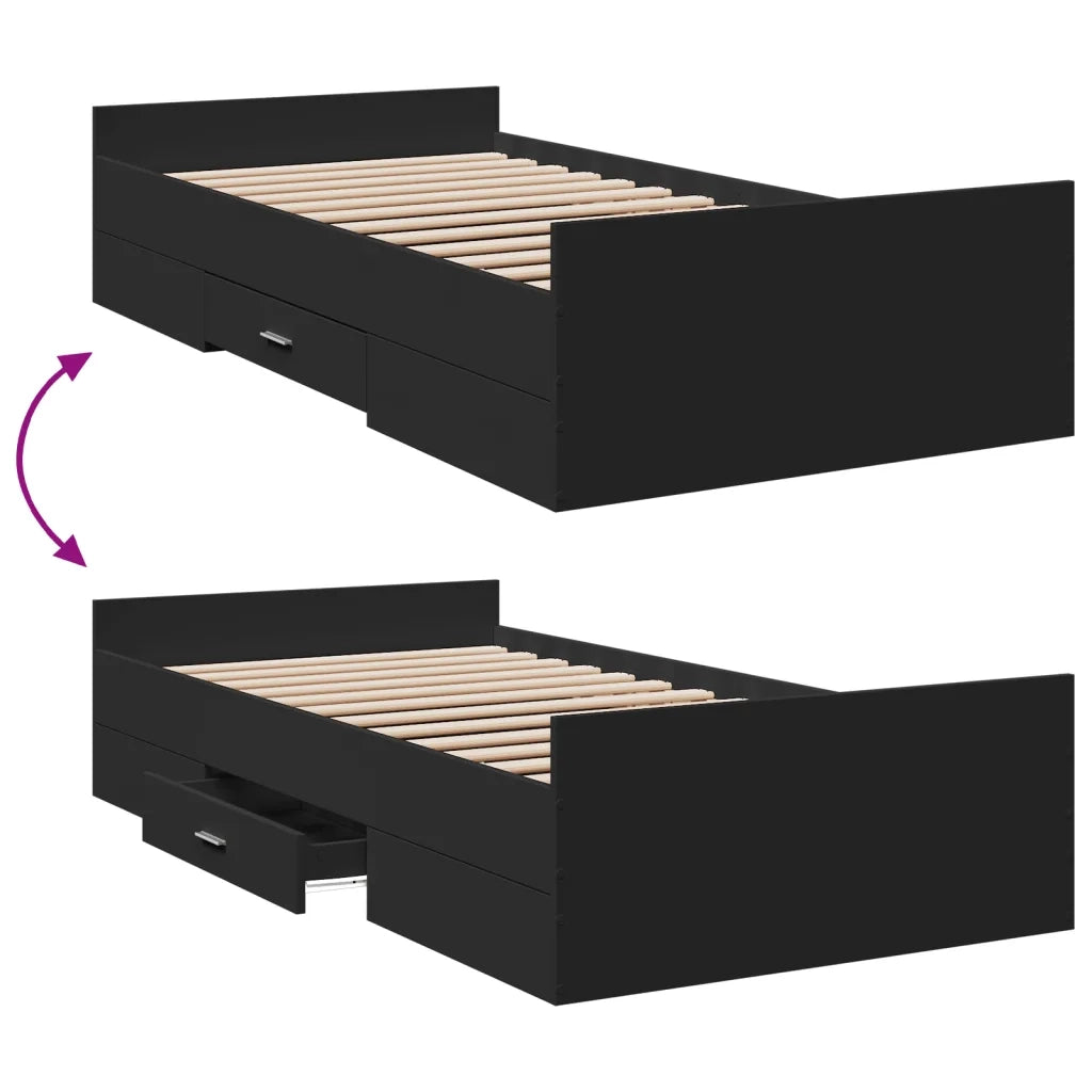Letto singolo | Letto per adulti | Giroletto con Cassetti Nero 75x190 cm in Legno Multistrato