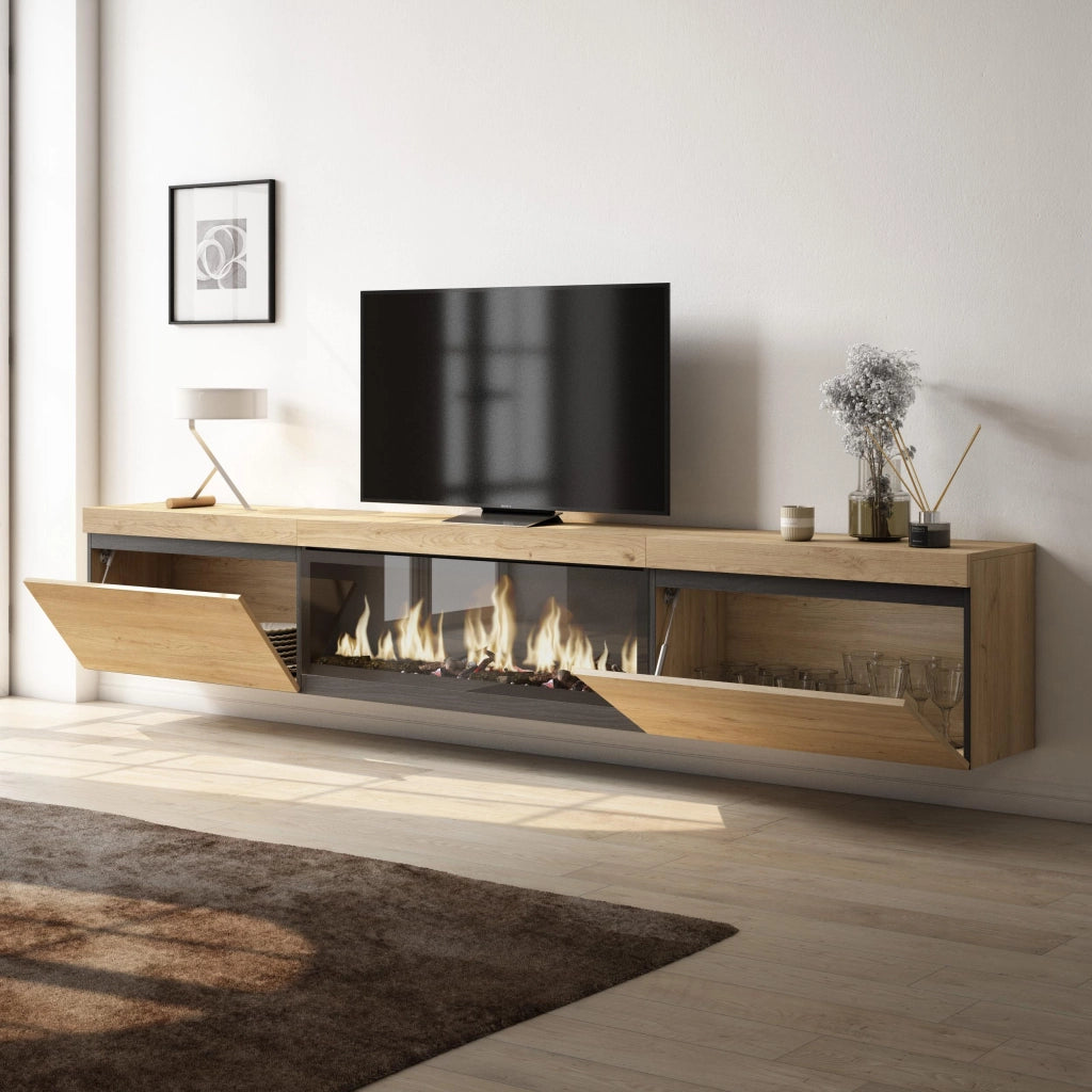 Mobile TV Soggiorno, 267x35x45cm, TV di grande formato, Camino elettrico XXL, da appendere, colore Rovere RF3608