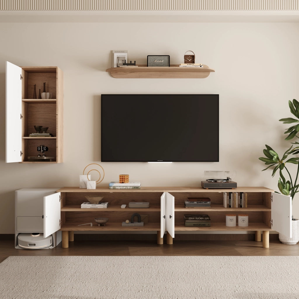 OKWISH Set Mobile TV da Parete 3 Pezzi con Mobile TV, Vetrina e Mensola, Ante Intagliate, Pannelli di Particelle Bianco e Naturale