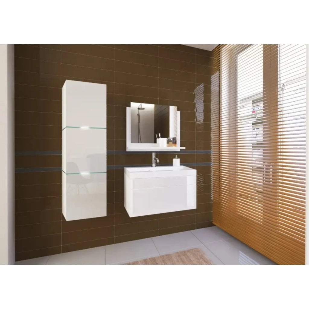 Set di 4 mobili da bagno bianchi collezione OWL. Colonna, mobile sotto lavabo, lavabo 80cm.
