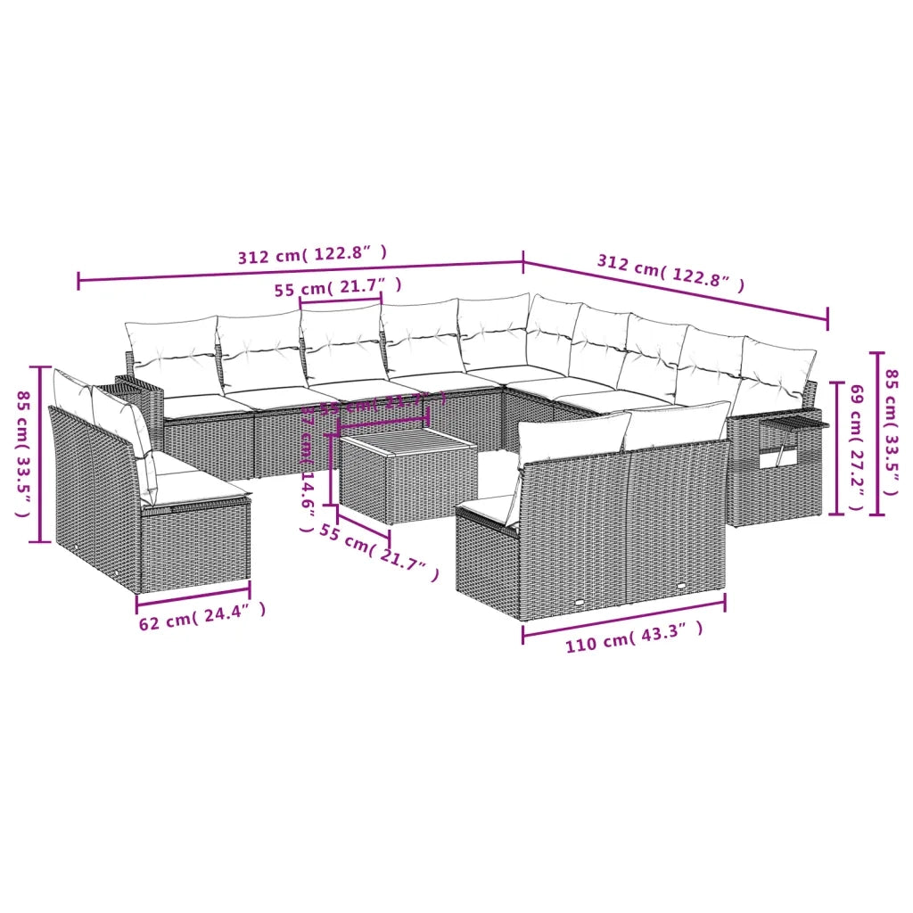 Set Divani da Giardino 14pz con Cuscini in Polyrattan Grigio 3257152