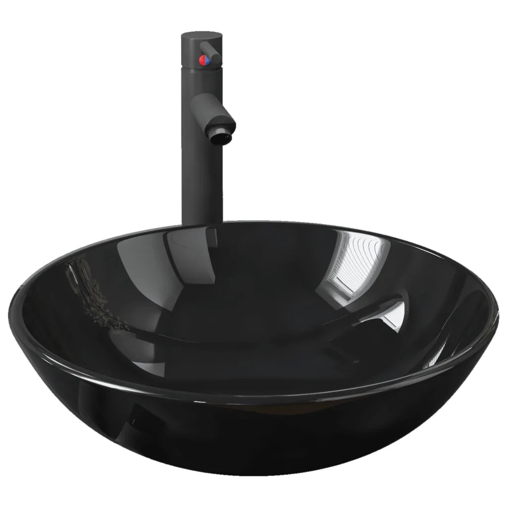 Lavandino Bagno con Rubinetto e Piletta in Vetro Temperato Nero 3098452