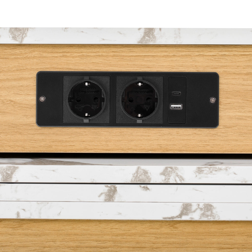 Tavolo allungabile multifunzione con cassetti e prese elettriche in MDF e vetro naturale per cucina e sala da pranzo