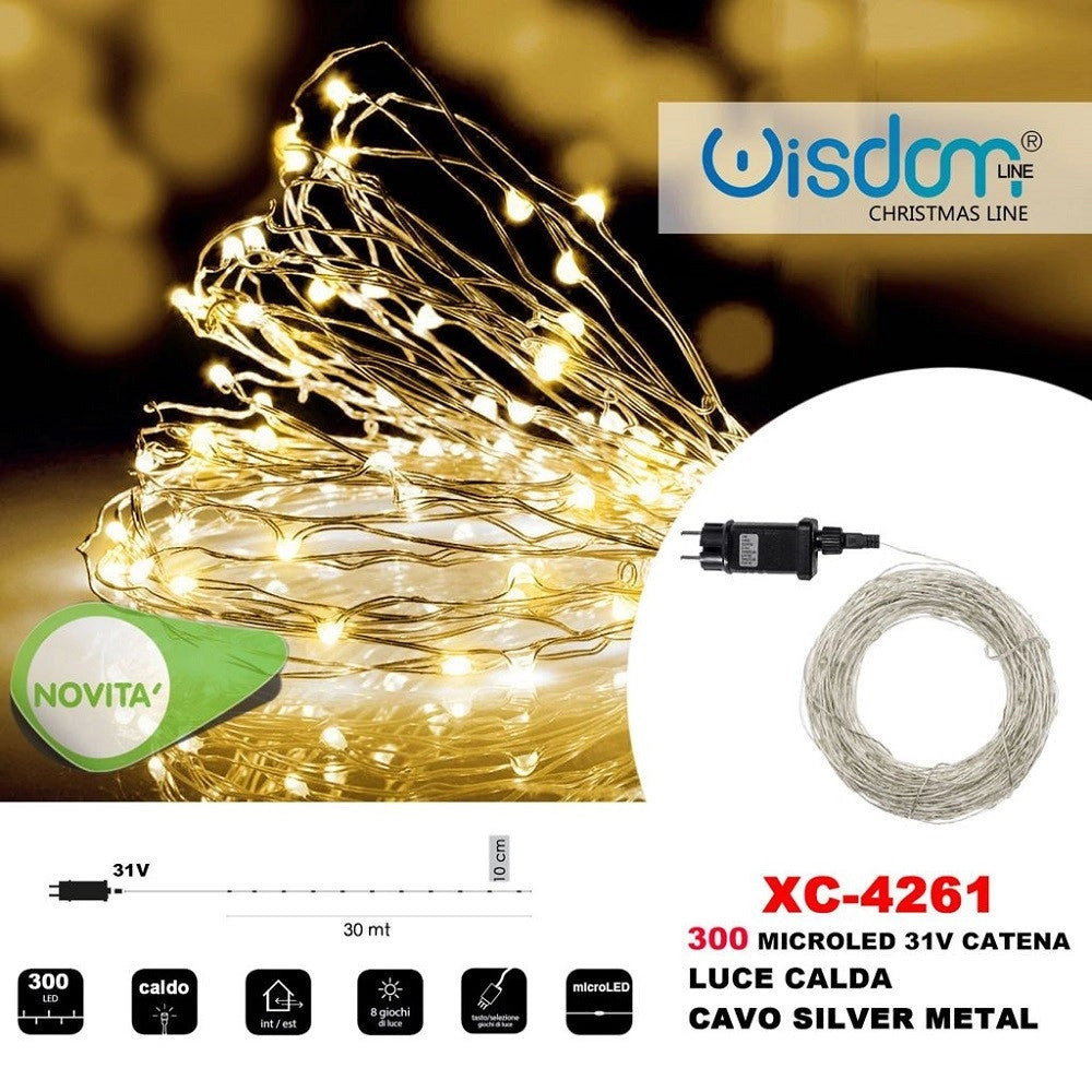 Trade Shop - Catena Luminosa 300 Microled Lucciole Luce Calda Cavo Silver In Metallo Xc-4261 -