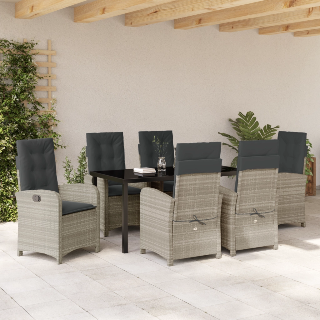 Set da Pranzo da Giardino 7 Pezzi con Cuscini Grigio Chiaro Rattan Poliestere