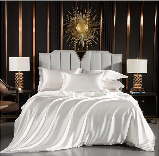 Set di lenzuola, bianco, 135 x 200 cm, lino satinato lucido, set di lenzuola, liscio, crema, lino satinato lucido, set di lenzuola, set, lenzuola per letto singolo con chiusura a zip e cuscino 80 x 80 cm