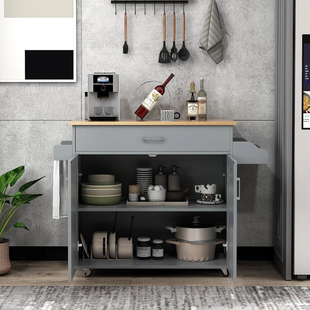 Carrello da Cucina con Ruote di Gomma, Isola Cucina con Cassetto e Ripiano Regolabile, Mobile Credenza Salvaspazio Porta Microonde, Portaspezie, Portasciugamani, 116 x 40 x 85 cm (Grigio)