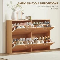 Scarpiera Ingresso Salvaspazio Slim con 4 Ante a Ribalte, Mobile Scarpiera Moderna per 24 Paia di Scarpe con Ripiani Regolabili, Portascarpe in Legno, 120x24x81cm, Color Legno