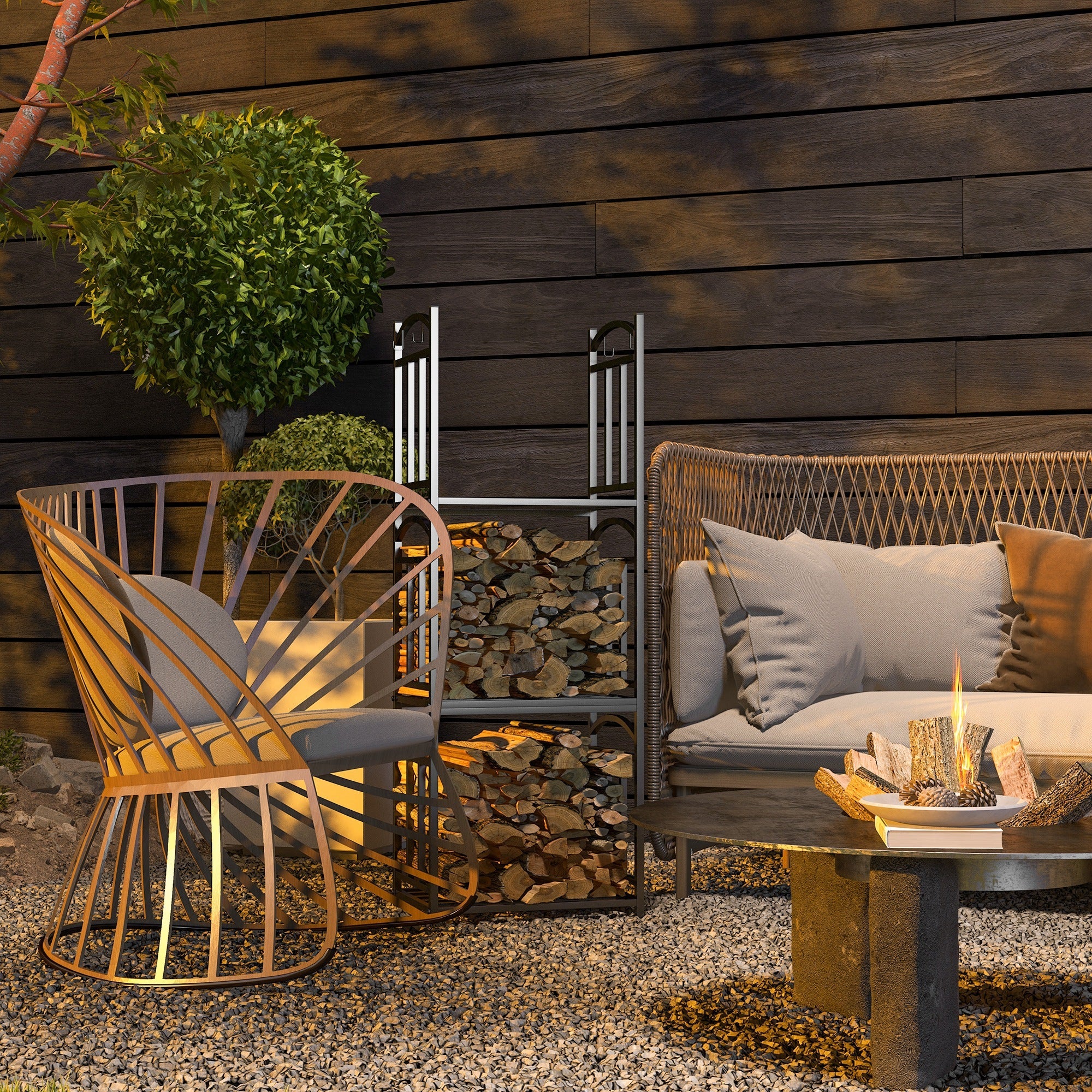 Portalegna 3 Livelli 46x32x126 cm in Metallo con Ganci per Attrezzi Nero