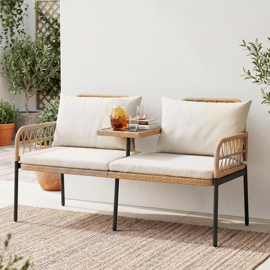Divano da Giardino in Rattan PE, Panchina da Esterno con Tavolino Integrato in Vetro Temperato, Divanetto a 2 Posti, Cuscini Imbottiti, per Balcone, Terrazza e Cortile, Portata 150 kg