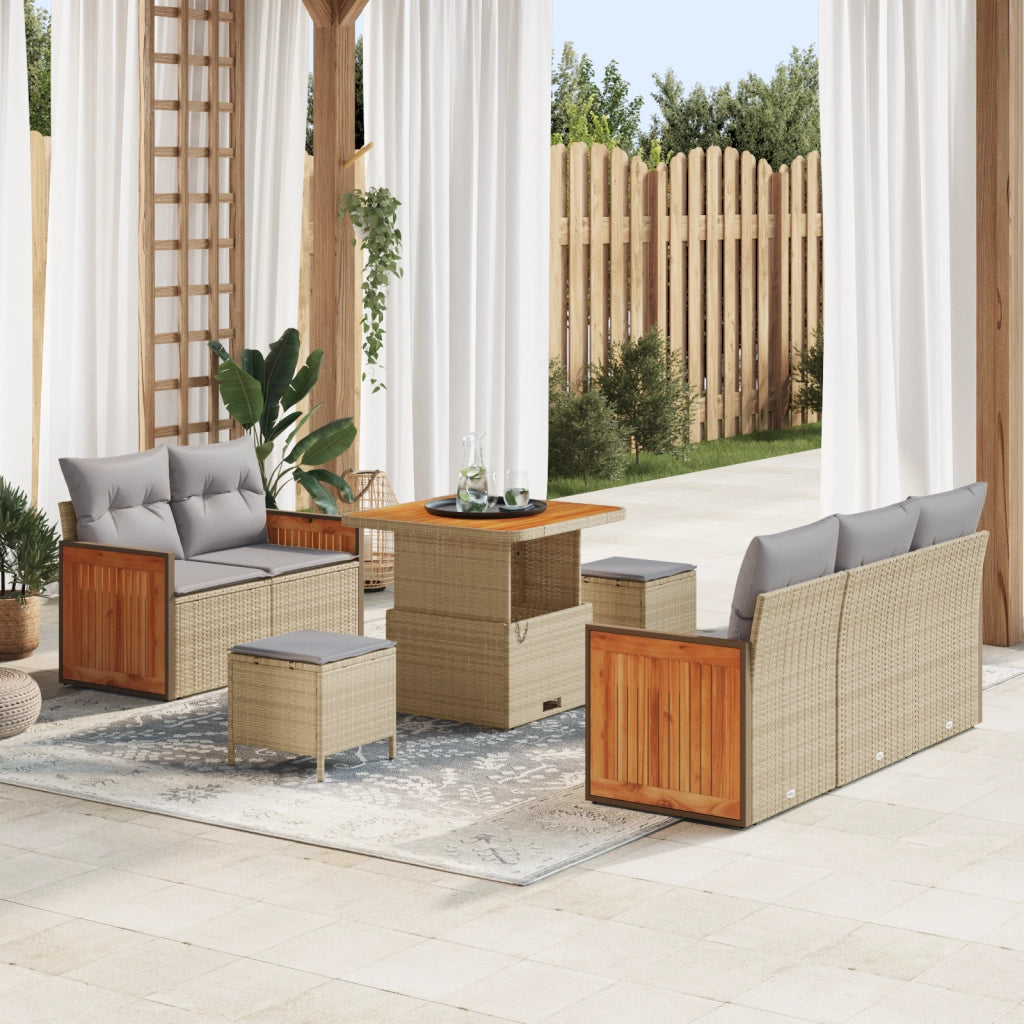 Set Divano da Giardino 8 Pezzi con Cuscini Beige Polyrattan Acacia