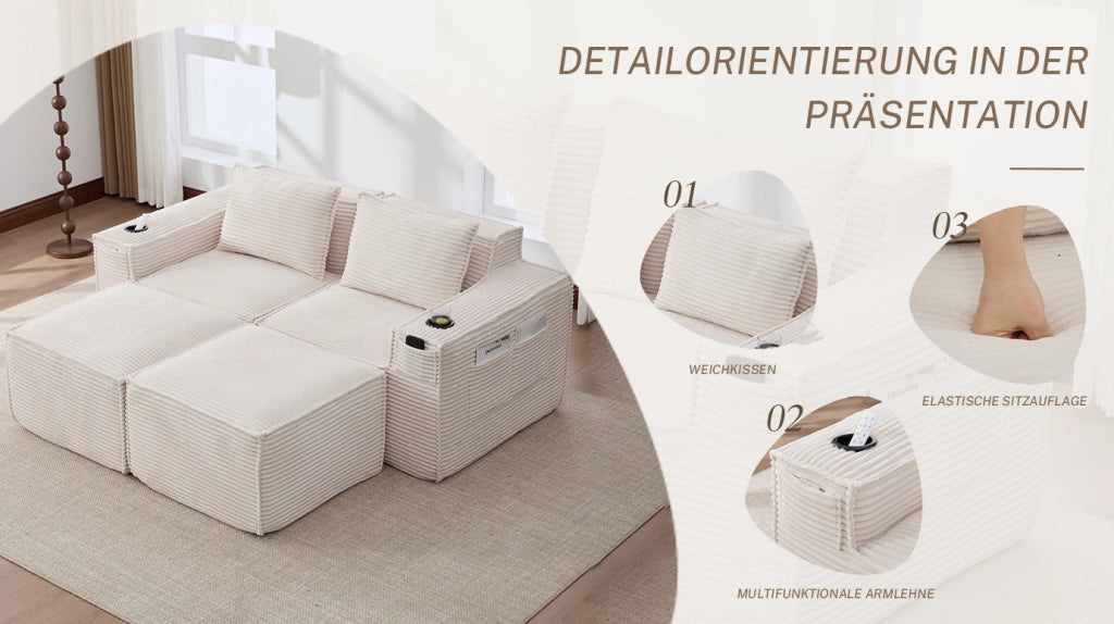 Divano modulare 2 posti con 2 pouf e portabevande in velluto a coste beige