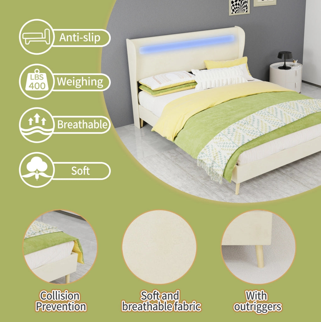 Letto imbottito con LED regolabili, 140x200 cm, tessuto e metallo, beige