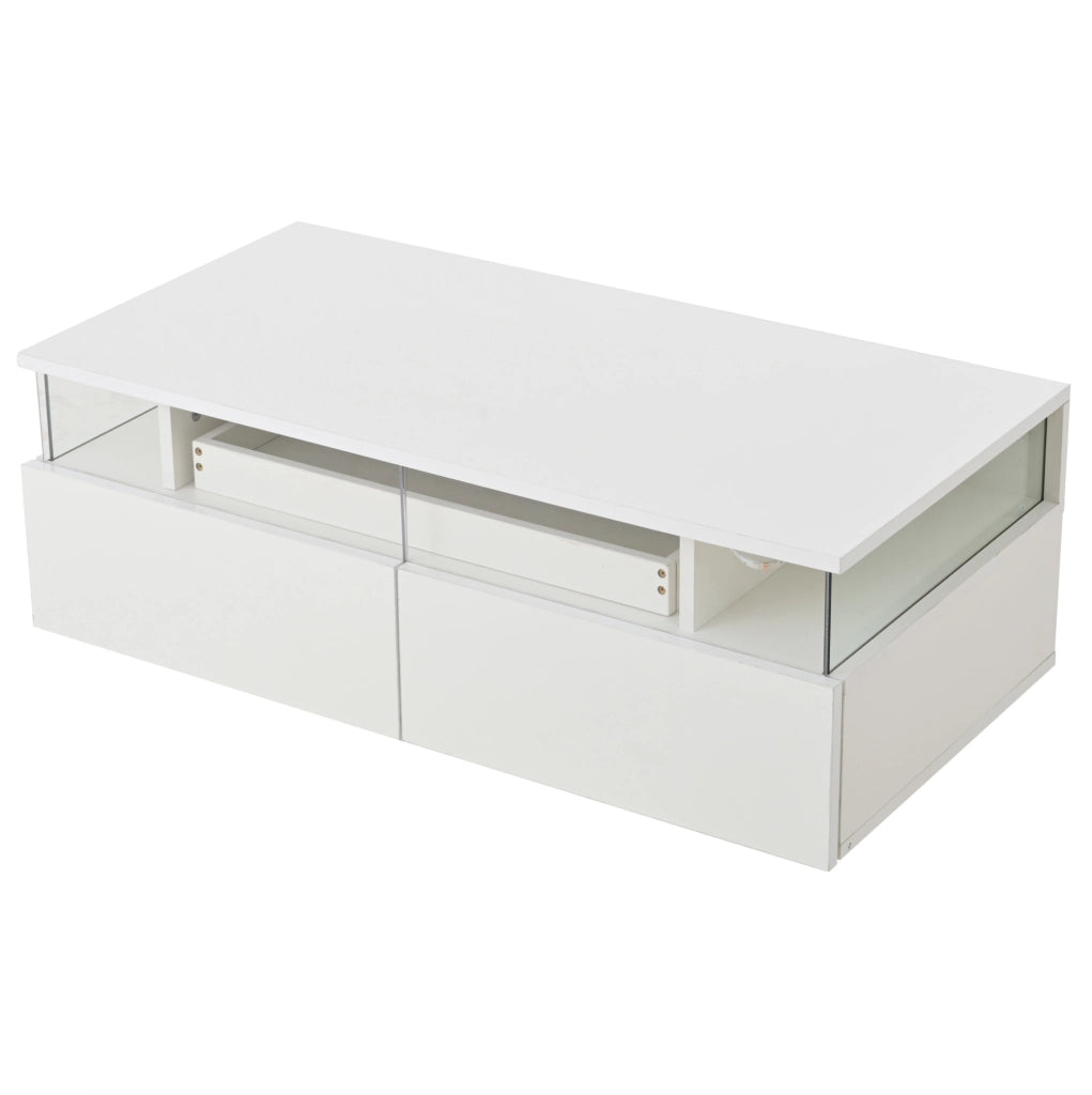 Tavolino da salotto 90x45x35;5 cm bianco lucido con vassoio; 2 cassetti e LED