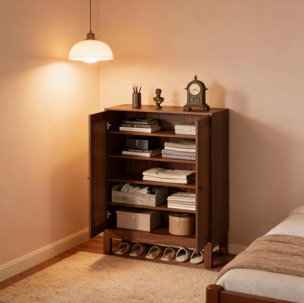 Scarpiera alta in MDF marrone rustico con 4 ripiani regolabili
