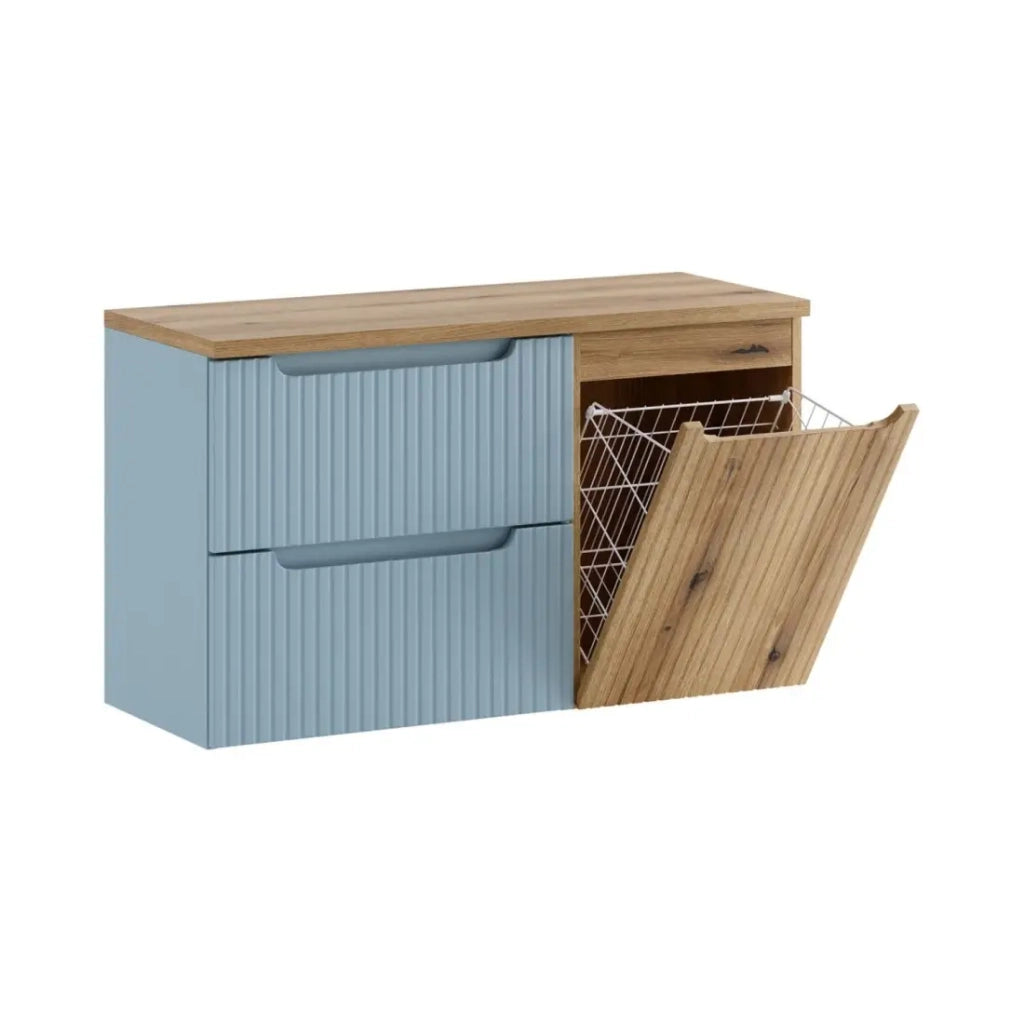 Set VANO denim blu e rovere chiaro 100cm: mobile sotto lavabo con cassetti e cesto della biancheria integrato + piano per lavabo.